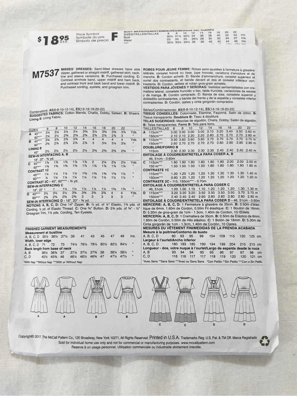 McCall’s M7537 Sewing Pattern Misses Dresses Size E5 14-22 Fit & Flare Uncut